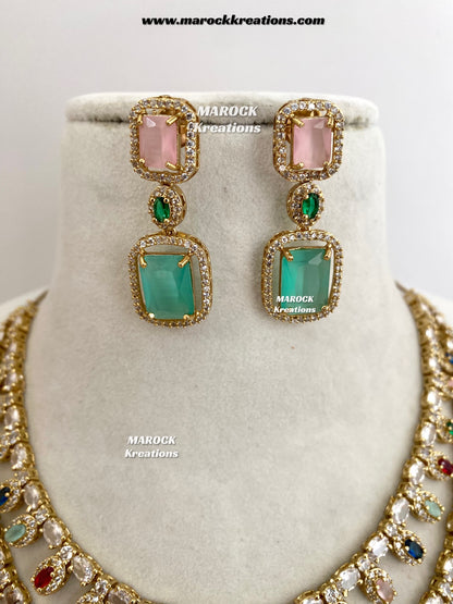 Eshika Antique Gold American Diamond double layer Necklace set