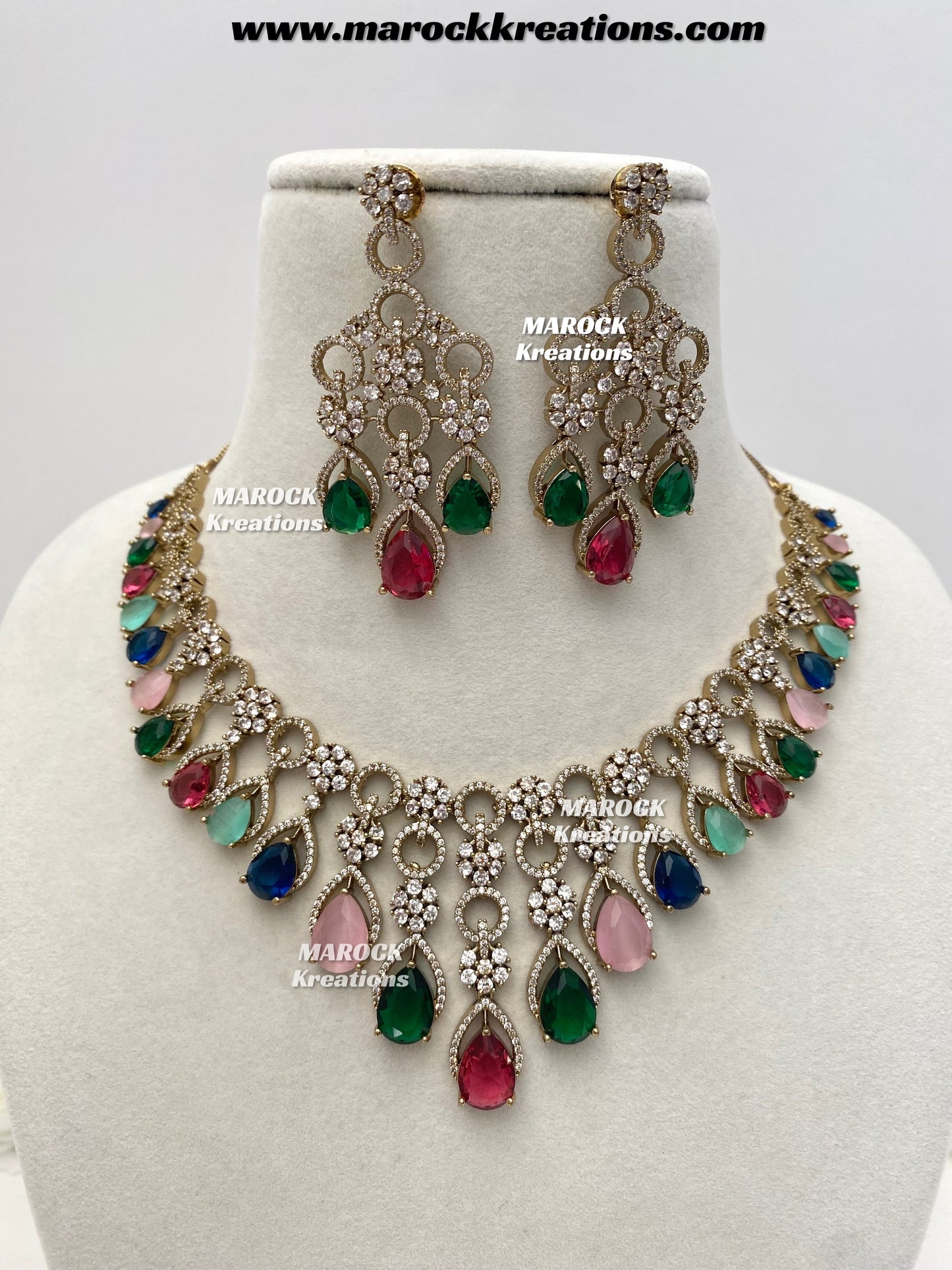 Anshika Antique Gold American Diamond Statement Necklace set