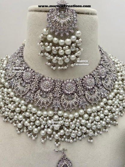 Silver Pakistani Polki choker/necklace set with Passa