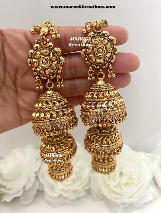 Latha Premium Quality Gold Plated Triple Jhumki statement Earrings comes with Saharey