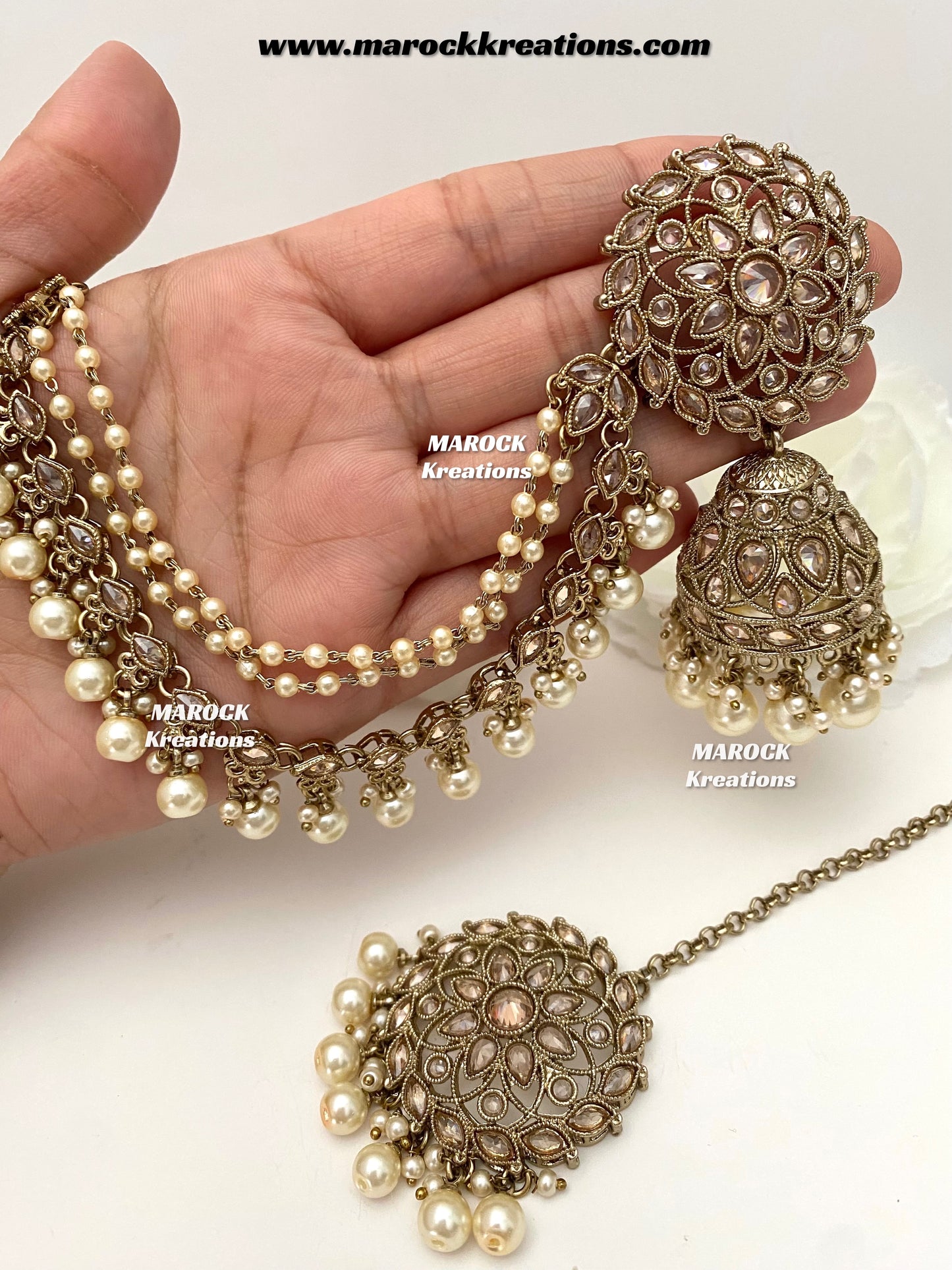 Nahida Antique Gold Polki Jhumki Earrings and tikka set/Jhumki with attached Saharey/Ear chains