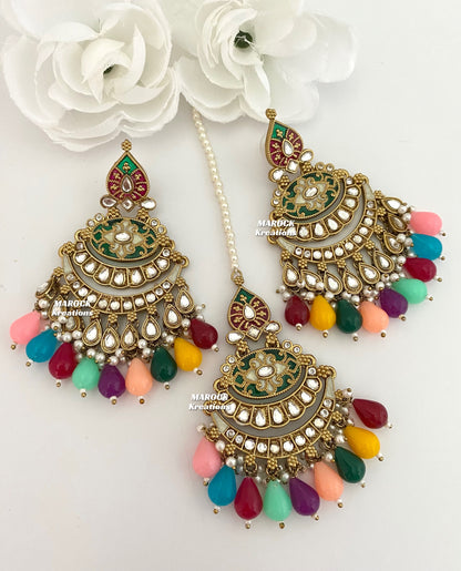 Premium Quality Kundan Meenakari Statement Earrings and tikka sets