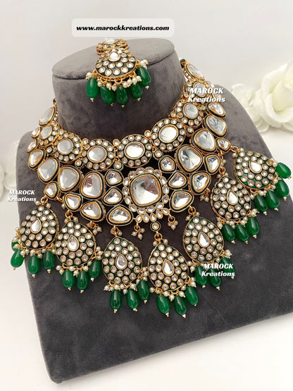 Trendy Uncut Kundan Green Statement Necklace set/Bridal set