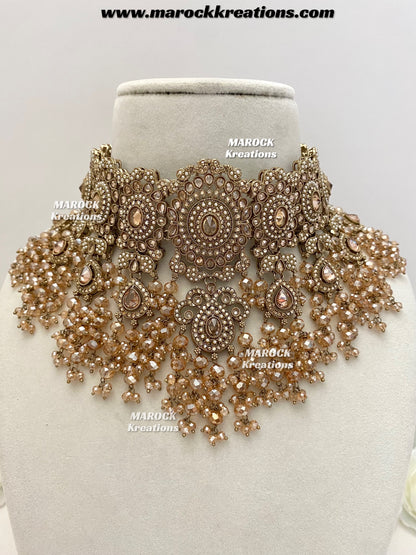 Nazmun Antique Gold Pakistani Polki  choker/necklace set with Passa