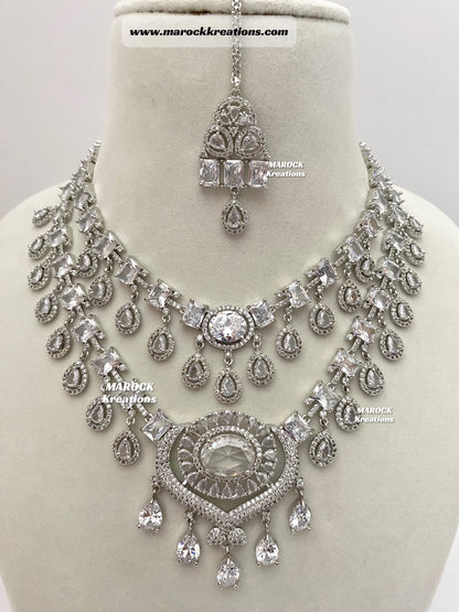 Emma Silver American Diamond Double layer Statement Necklace set