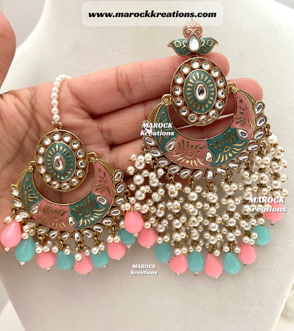 Ishika Premium Quality Kundan Meenakari Oversized Statement Earrings and tikka set