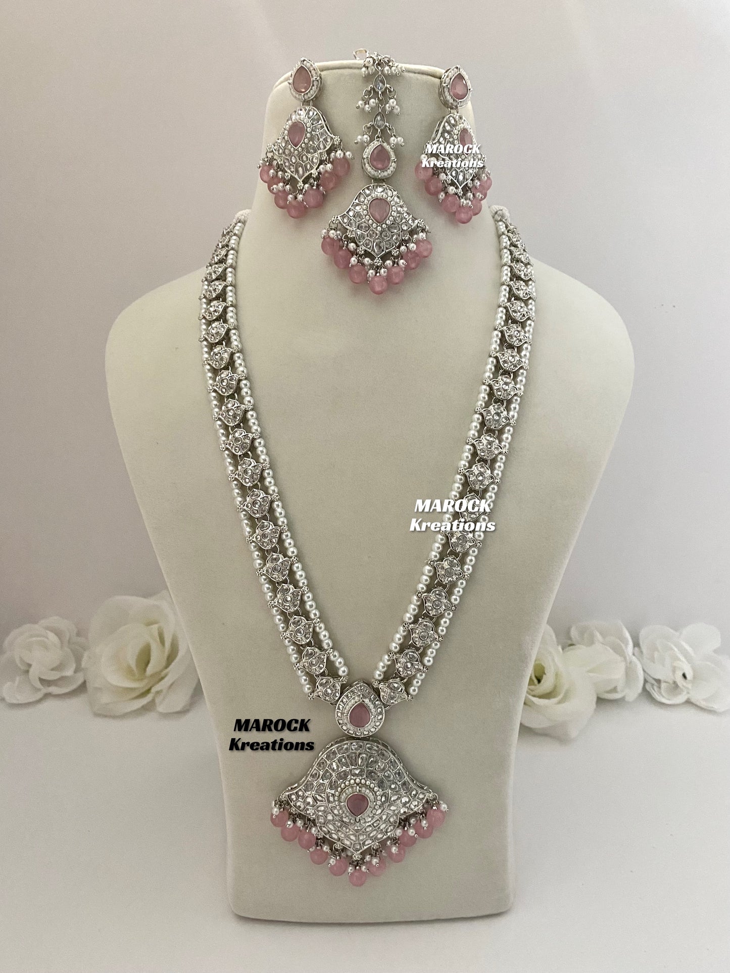 Polki Raani Haar in silver pink color/Long necklace