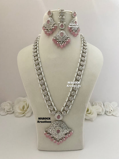 Polki Raani Haar in silver pink color/Long necklace