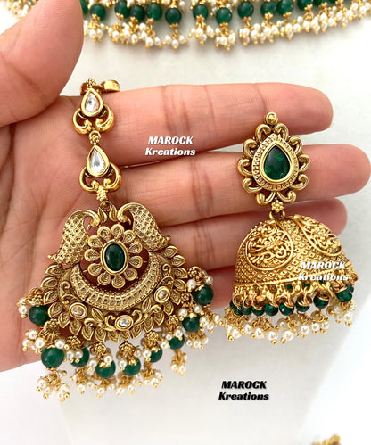 Elegant Gold Plated premium quality Kundan Green Statement Necklace set/Bridal set