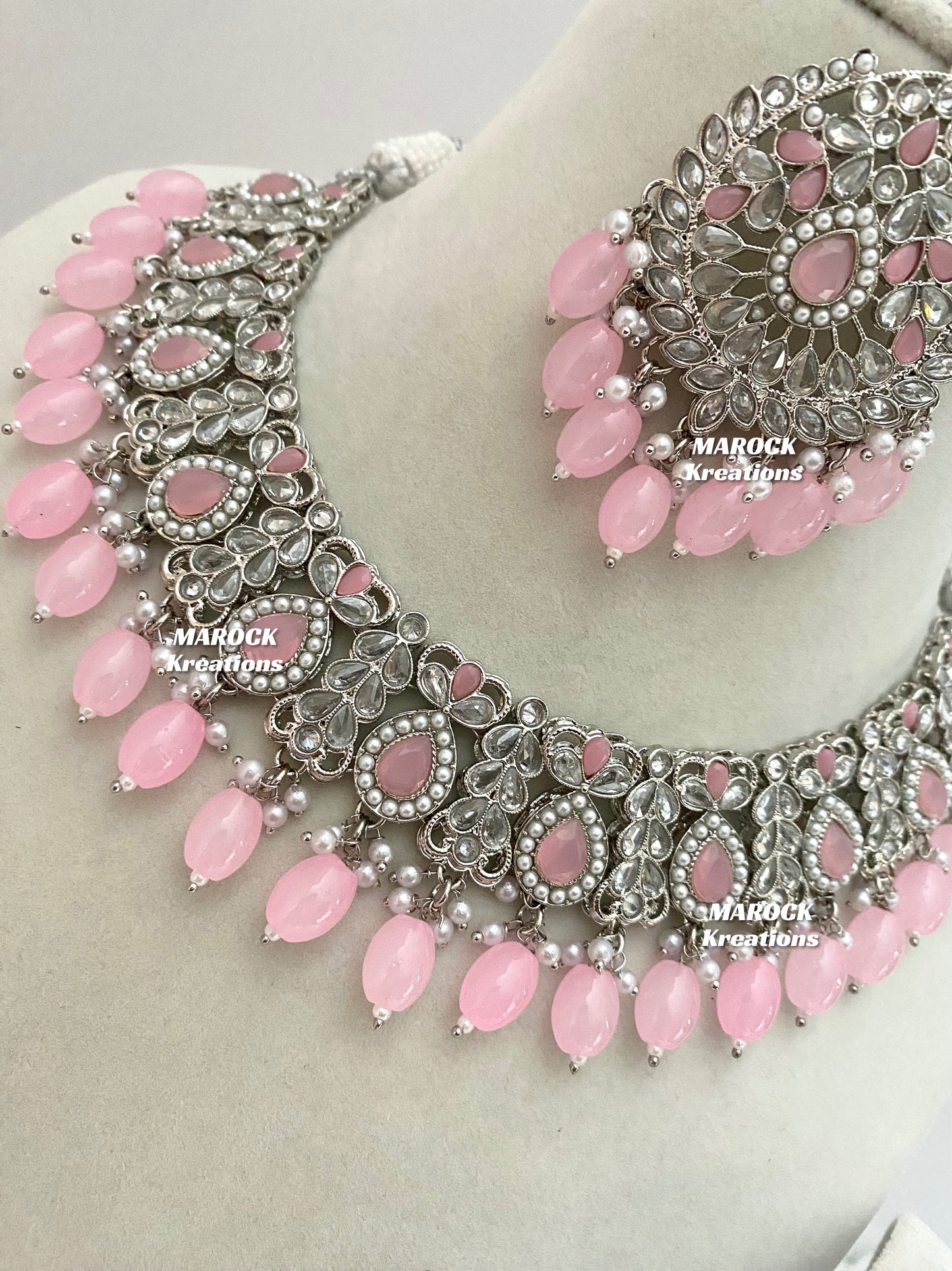 Silver/Pink Polki Necklace set