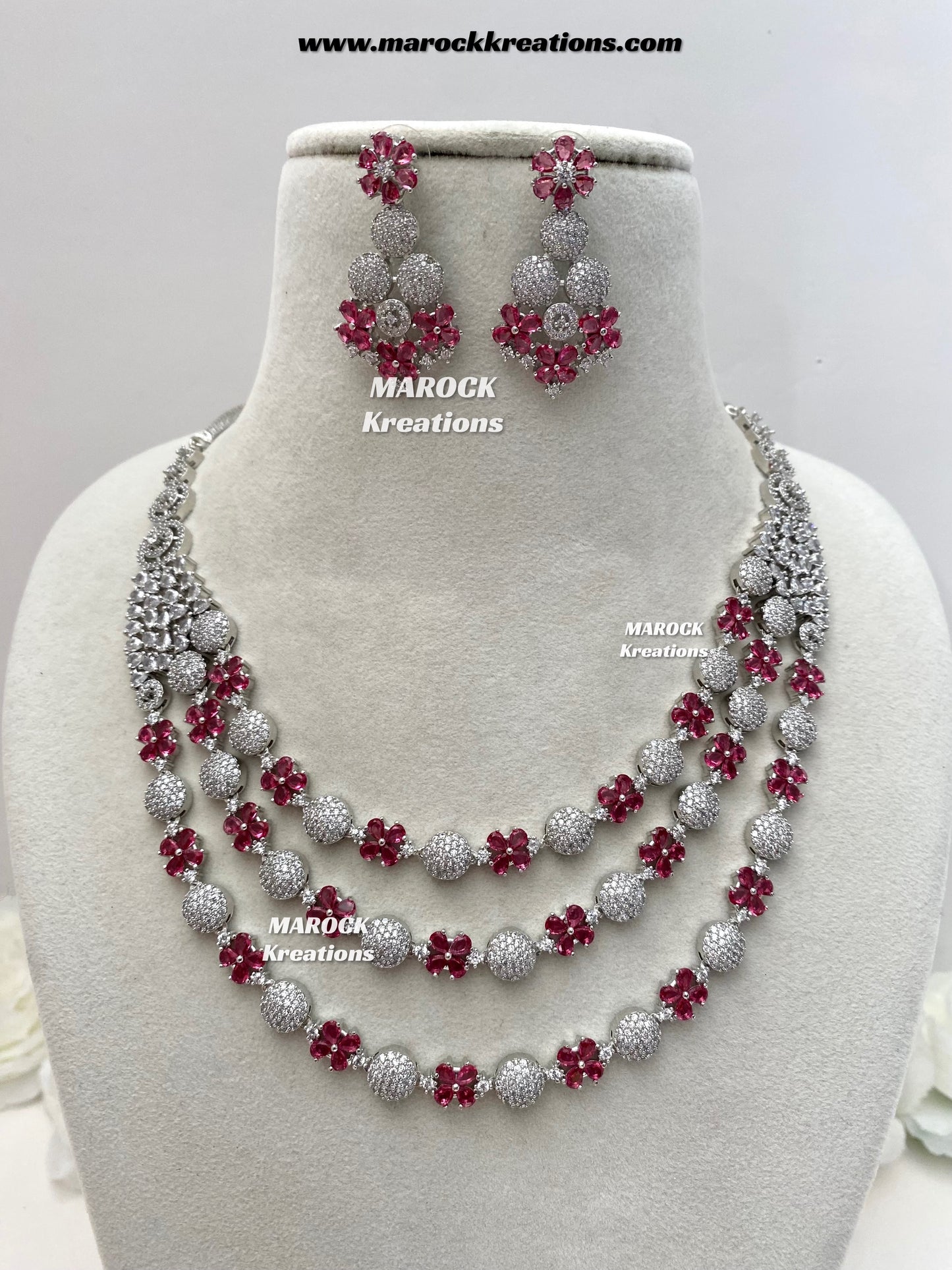 Kristin Silver American Diamond triple layer Necklace set
