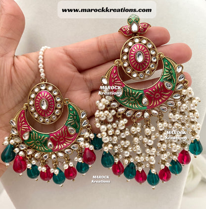 Ishika Premium Quality Kundan Meenakari Oversized Statement Earrings and tikka set