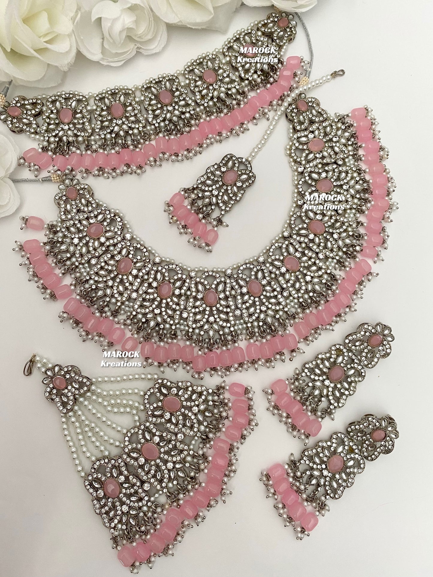 Silver/Pink Pakistani choker and necklace combo set/Pakistani Bridal set