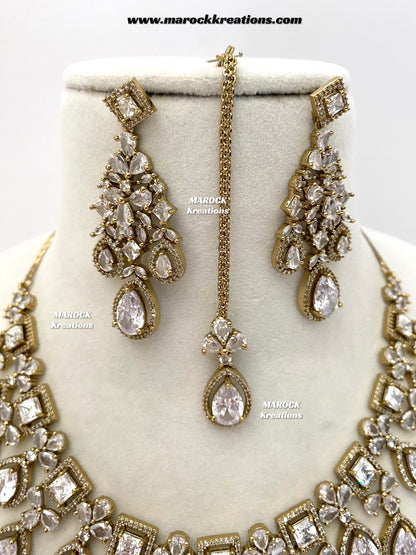 Erona Antique Gold American Diamond Statement Necklace set