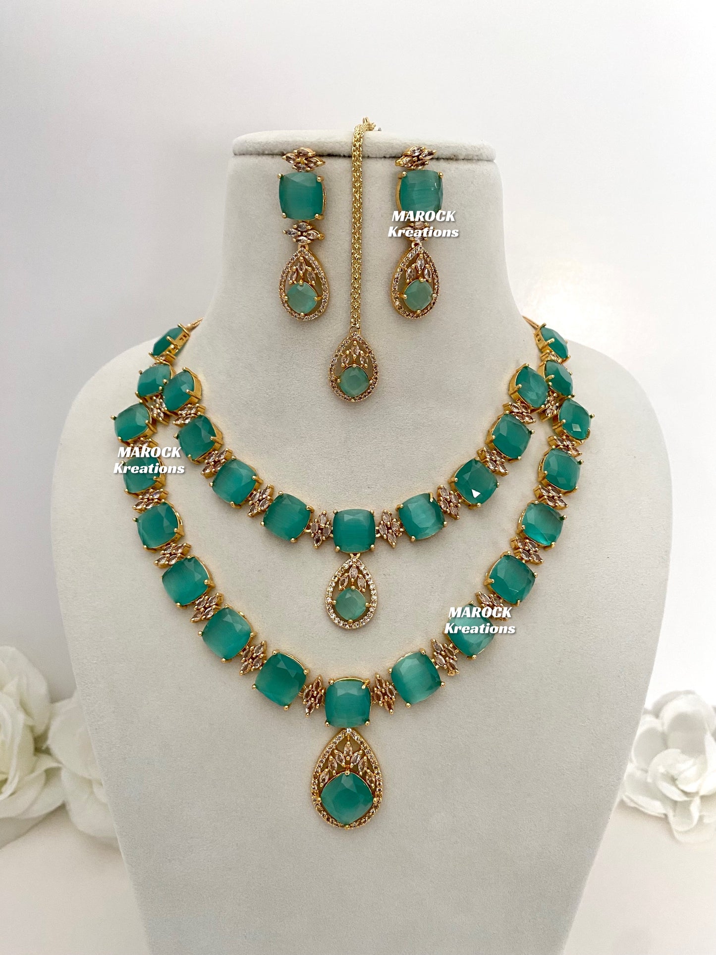 Aster Golden American Diamond Double layer Necklace set