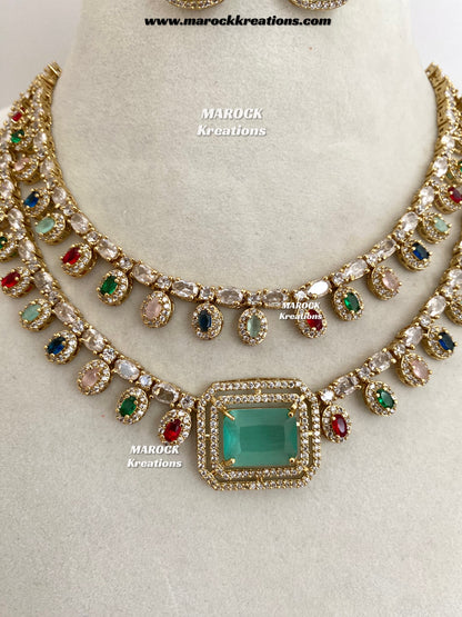 Eshika Antique Gold American Diamond double layer Necklace set