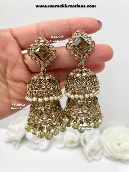Rehana Antique Gold Polki double jhumki Statement Earrings