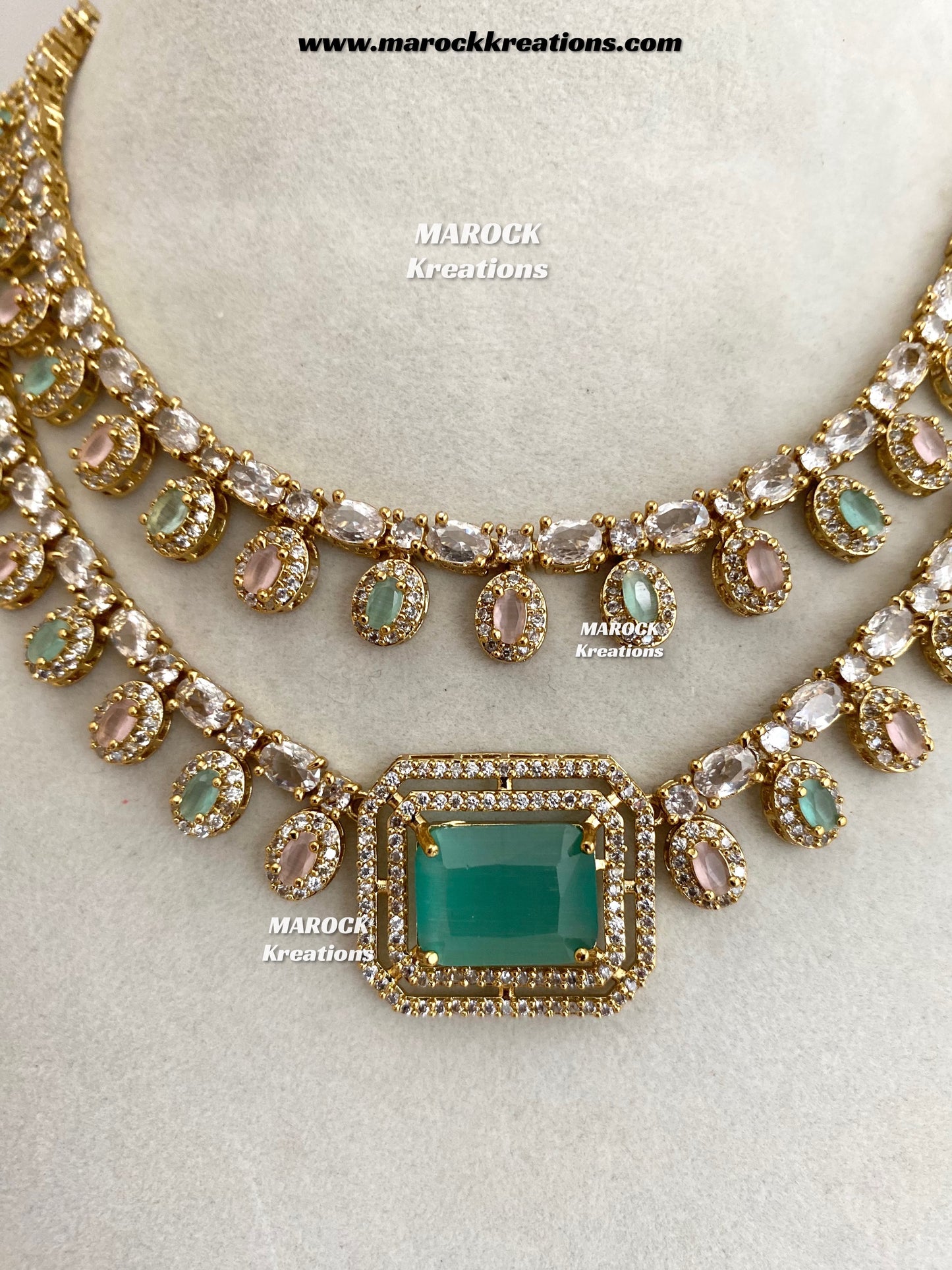Eshika Antique Gold American Diamond double layer Necklace set