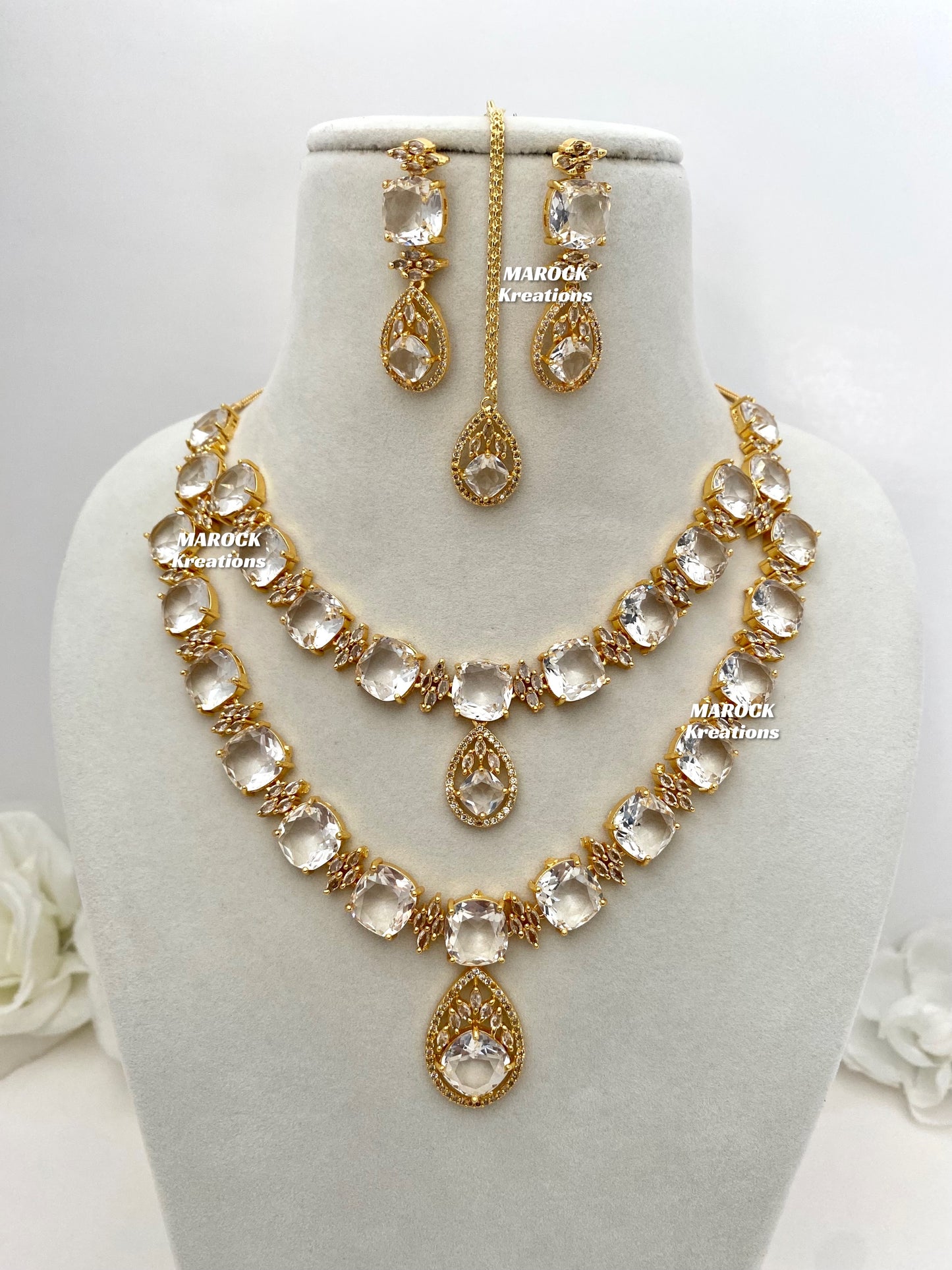 Aster Golden American Diamond Double layer Necklace set