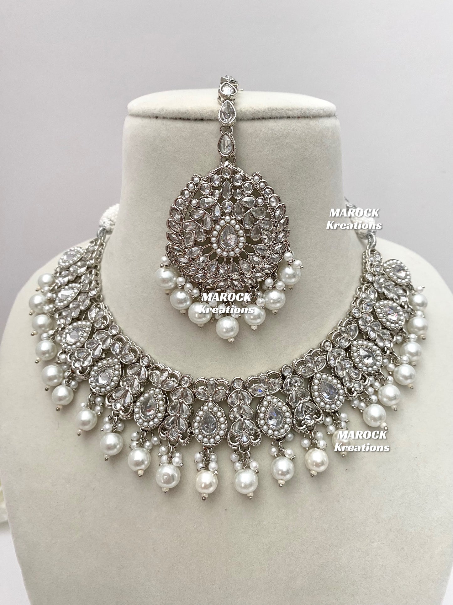 Silver/White Polki Necklace set