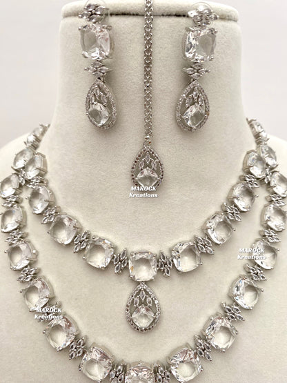 Aster Silver American Diamond Double layer Necklace set