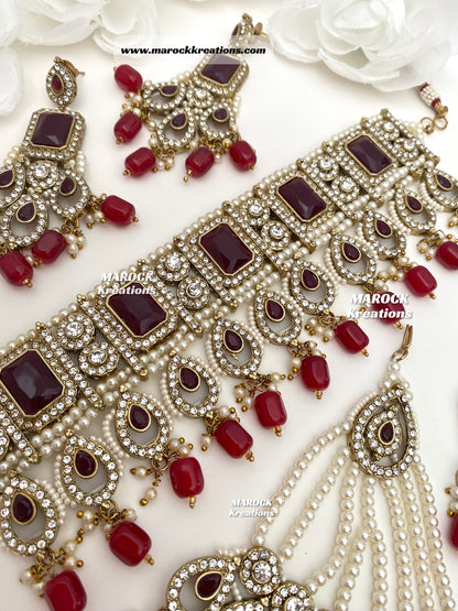 Zainab Antique Gold base with white stones Pakistani Choker set