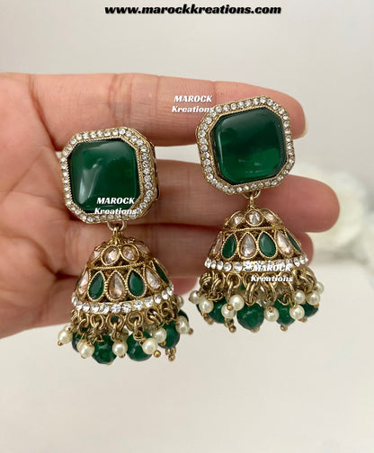 Premium Quality Antique Gold Polki and Monalisa stone Jhumki Earrings