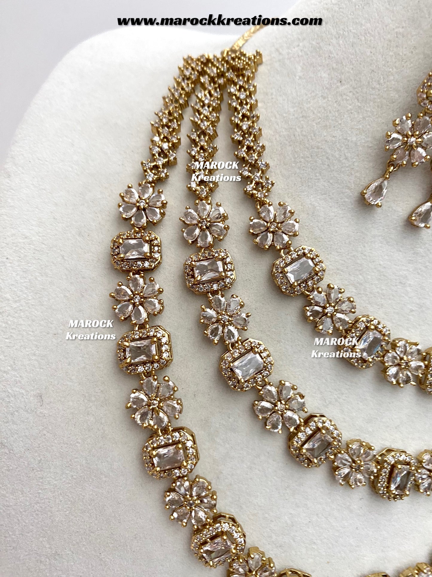 Arvin Antique Gold American Diamond triple layer Statement Necklace set