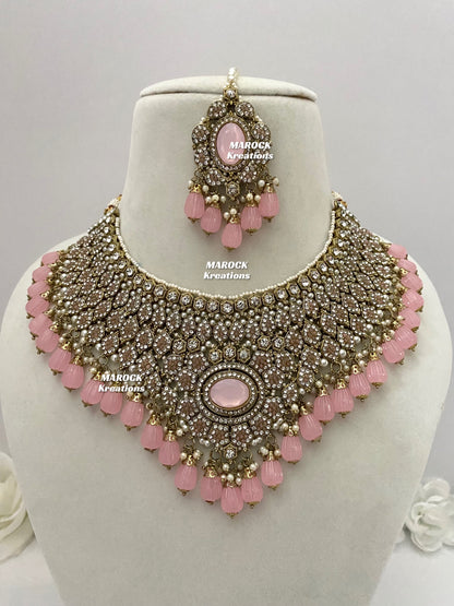 Antique Gold Pakistani Pink Necklace set