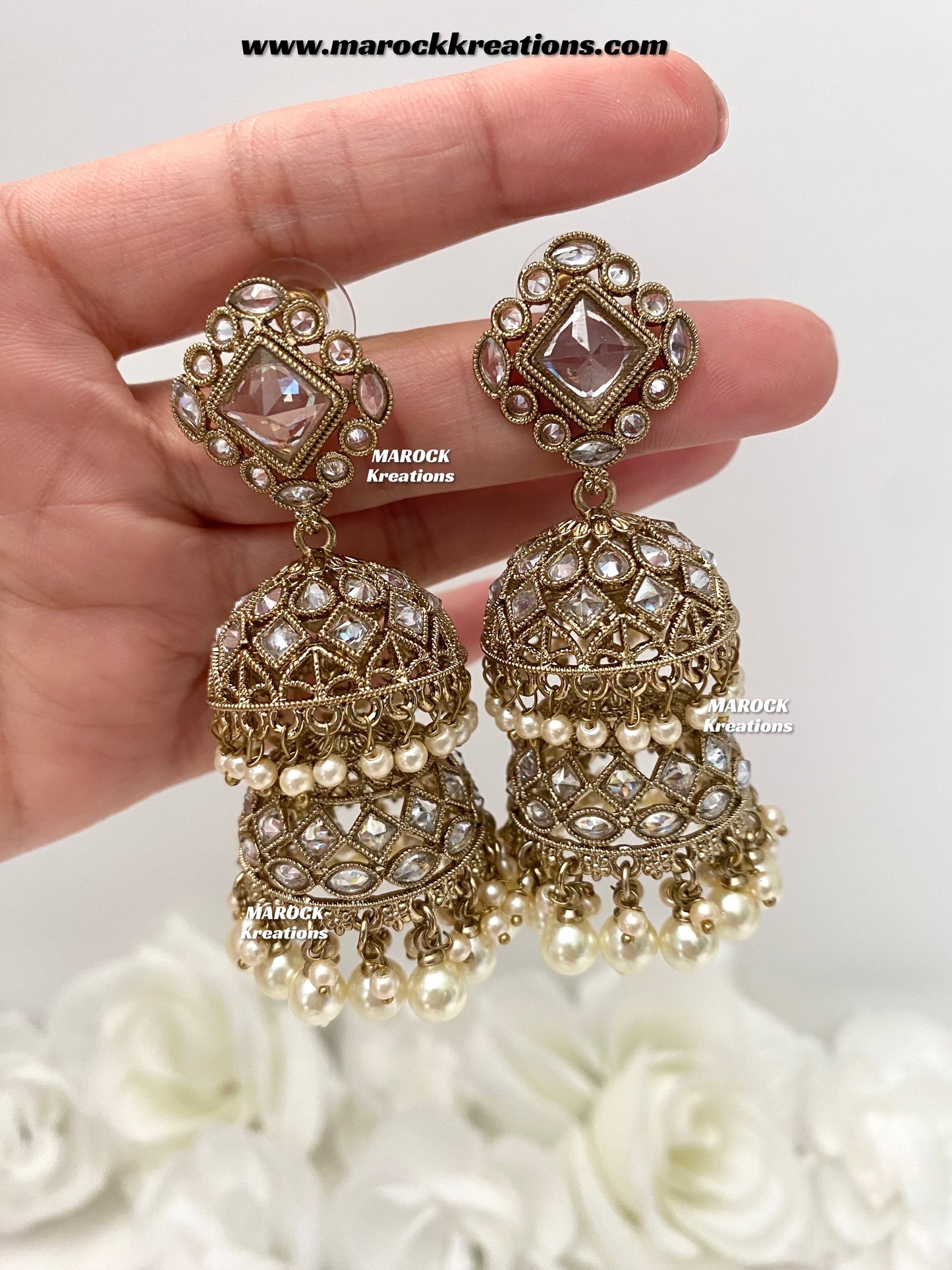 Rehana Antique Gold Polki double jhumki Statement Earrings