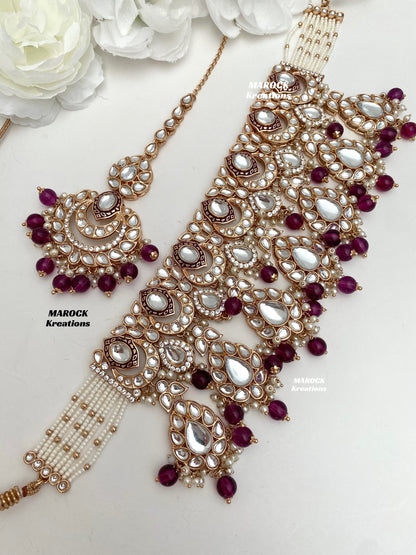 Kaniz Premium Quality Rose Gold Kundan Meenakari Choker/Necklace set