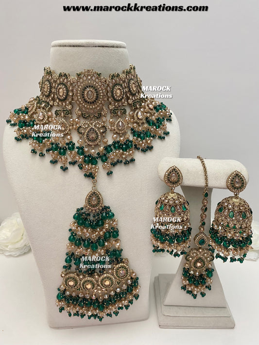 Nazmun Antique Gold Pakistani Polki  choker/necklace set with Passa