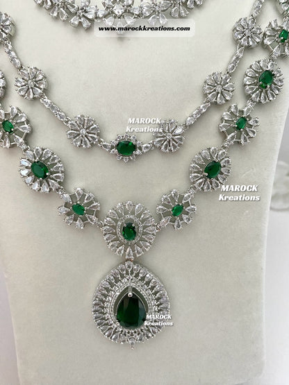 Silver/Green American Diamond 3 layers Rani haar set