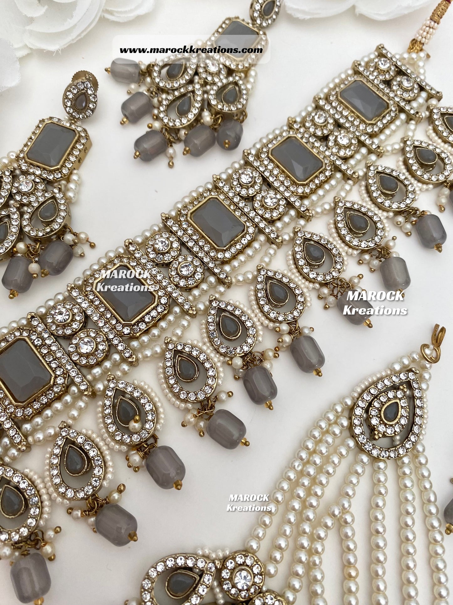 Zainab Antique Gold base with white stones Pakistani Choker set