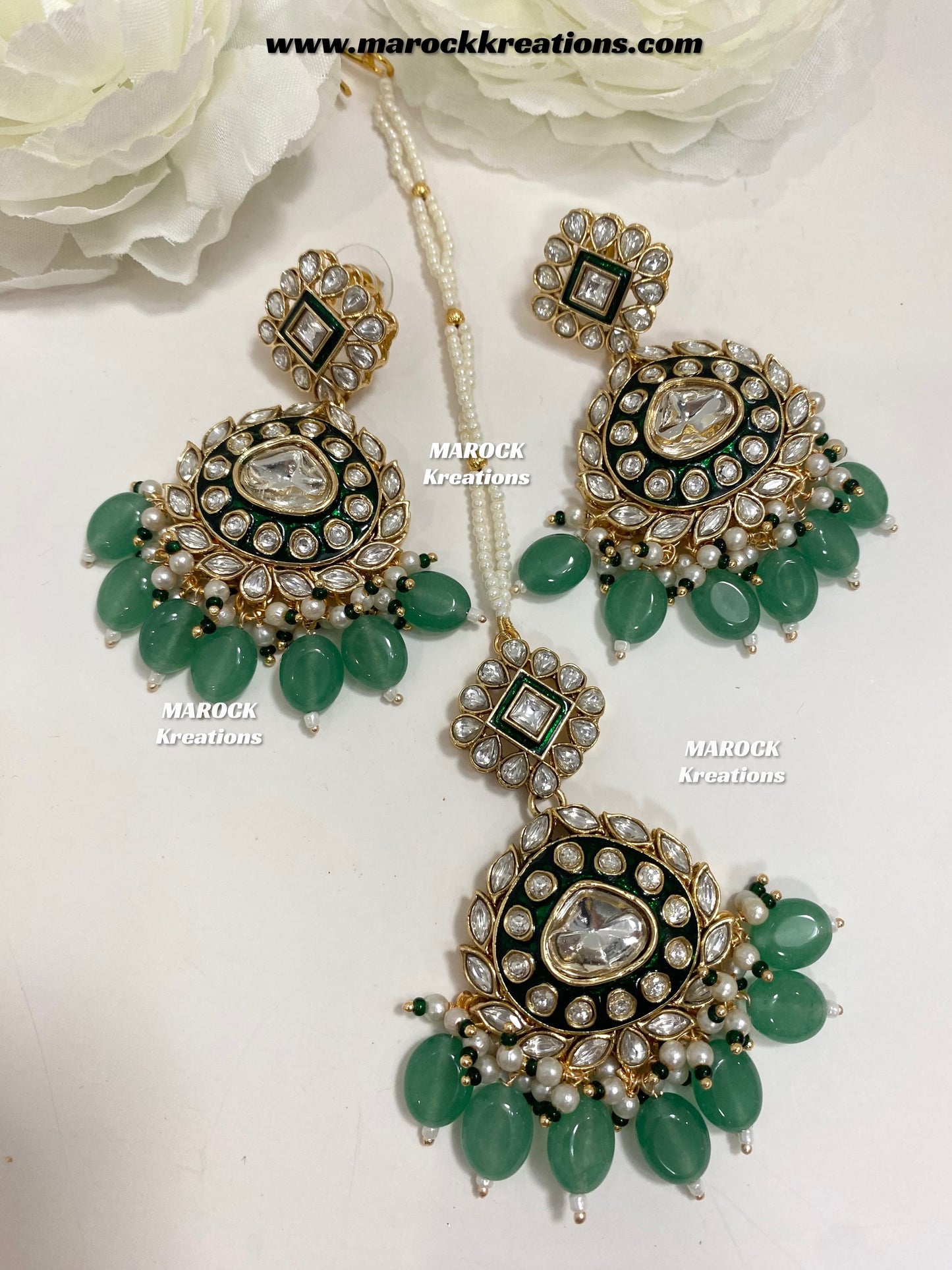 Saher Uncut Kundan Meenakari Earrings and tikka set