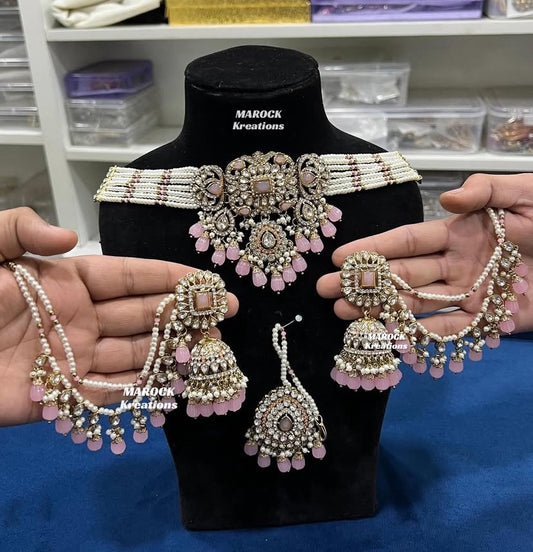 Hana Kundan Choker set with Jhumki Earrings and tikka(Saharey attached)
