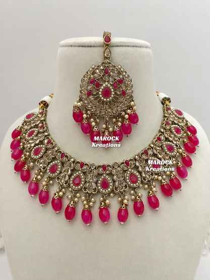 Antique Gold/Magenta/Hot Pink Polki Necklace set