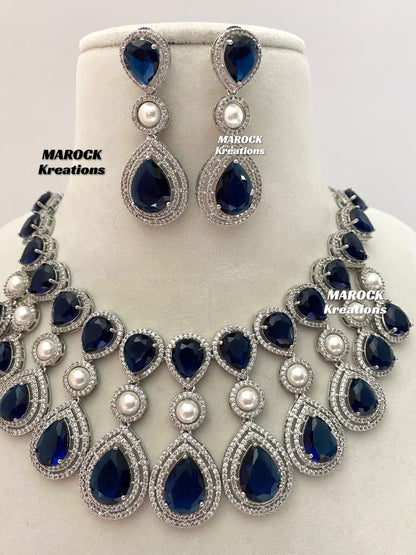 American Diamond Silver/Navy Blue Necklace set