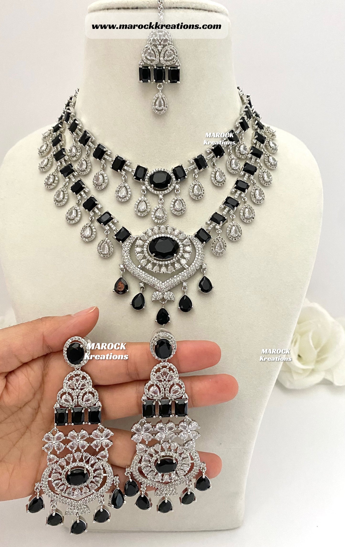 Emma Silver American Diamond Double layer Statement Necklace set