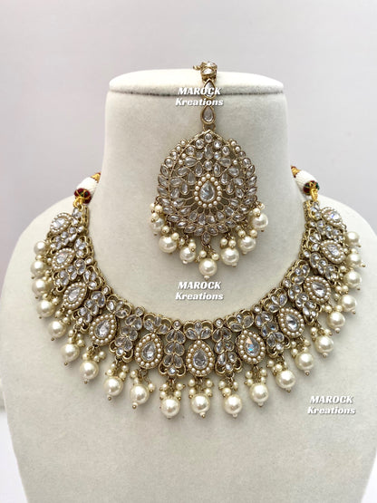 Antique Gold base White Polki Necklace set