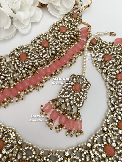 Antique Gold/Coral Pakistani choker and necklace combo set/Pakistani bridal set