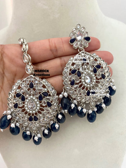 Silver/Navy Blue Polki Necklace set