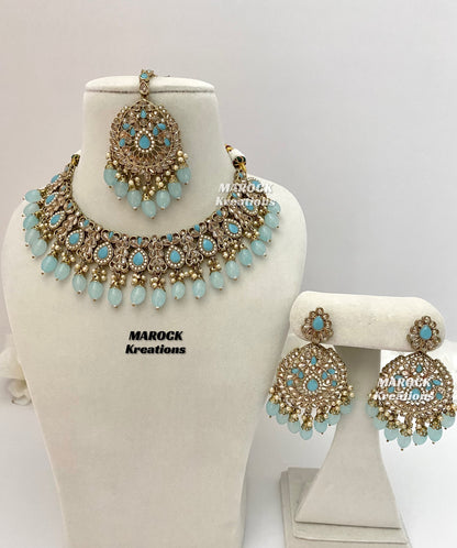 Antique Gold/Sky Blue Polki Necklace set