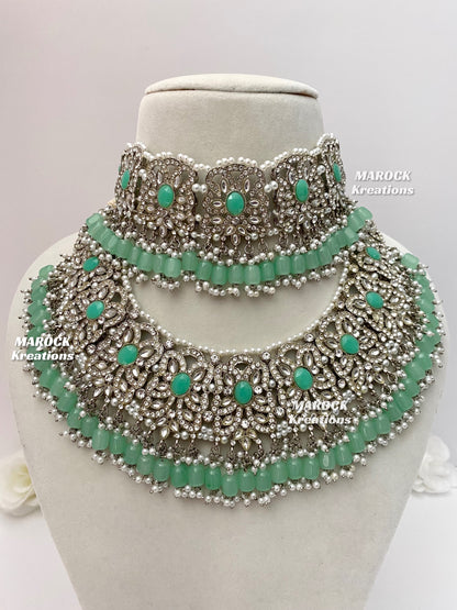 Silver/Mint Pakistani choker and necklace combo set/Pakistani Bridal set