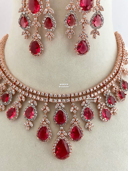 Rose Gold/Red American Diamond Necklace set