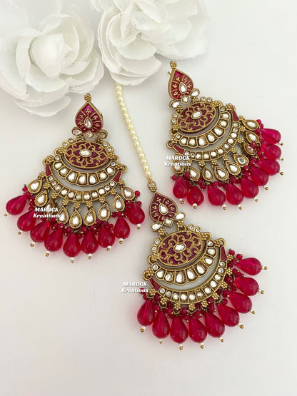 Premium Quality Kundan Meenakari Statement Earrings and tikka sets