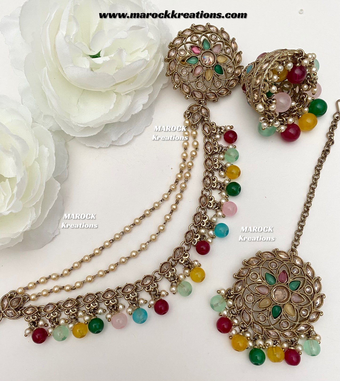Nahida Antique Gold Polki Jhumki Earrings and tikka set/Jhumki with attached Saharey/Ear chains