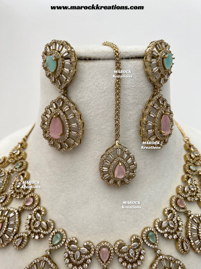 Tareena Antique Gold American Diamond Statement Necklace set