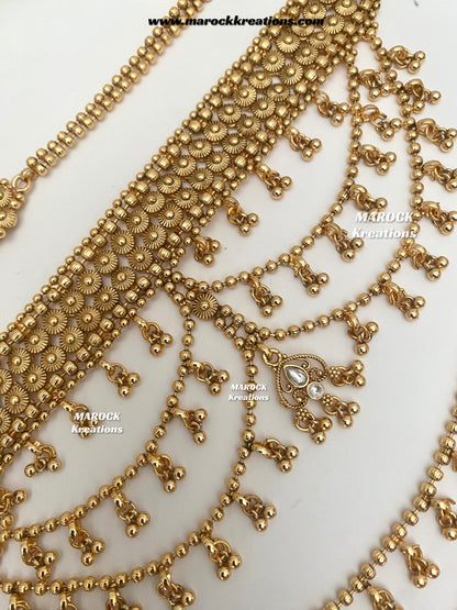 Tahmina Premium Quality Gold Plated statement choker set/triple layer Earchains/ Saharey attached with Earrings
