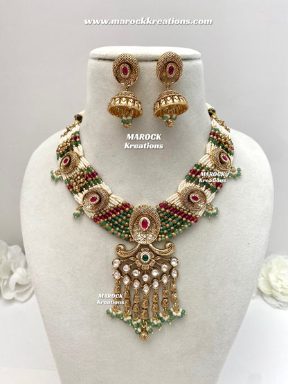 Arifa Premium Quality Gold Plated Rajwadi Necklace set